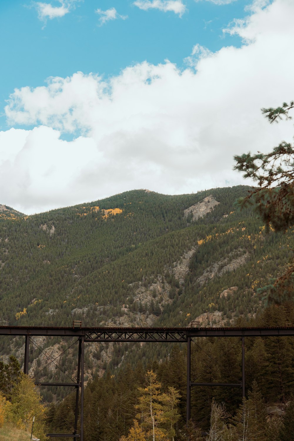 a train traveling over a bridge in front of a mountain