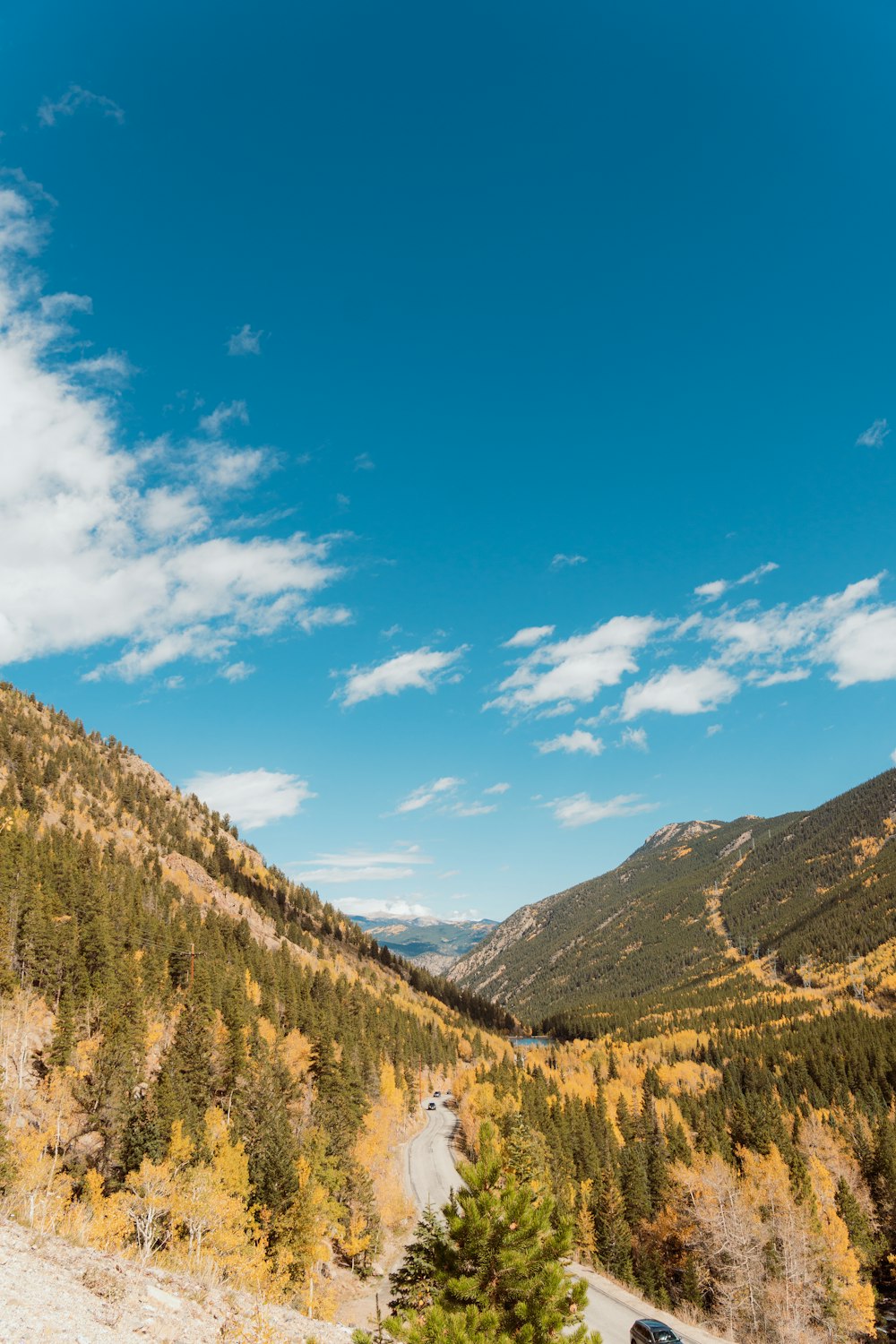 a car driving down a road in the mountains