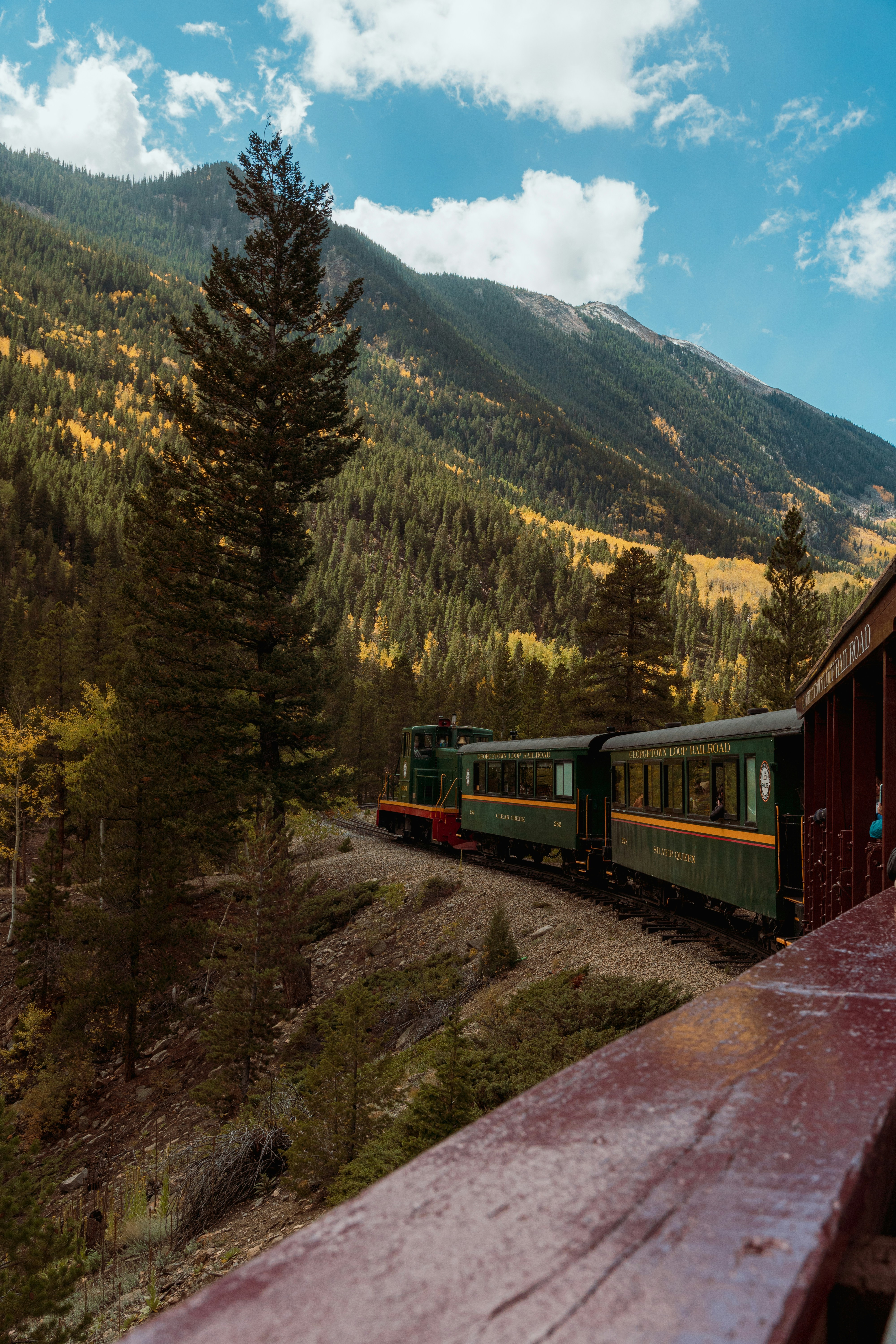 a train traveling down tracks next to a forest