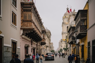 a group of people walking down a street next to tall buildings