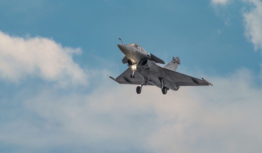 a fighter jet flying through a cloudy blue sky