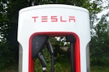 Close-up view of a Tesla electric vehicle charging station placed amidst a backdrop of green foliage. The station has a prominent red and white design, with the Tesla logo displayed at the top.