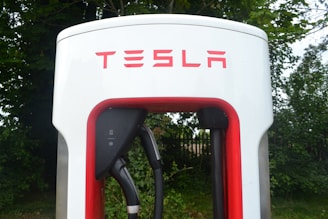 Close-up view of a Tesla electric vehicle charging station placed amidst a backdrop of green foliage. The station has a prominent red and white design, with the Tesla logo displayed at the top.