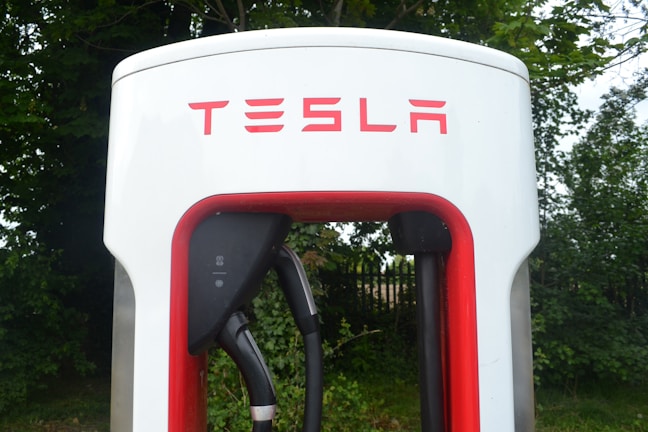 Close-up view of a Tesla electric vehicle charging station placed amidst a backdrop of green foliage. The station has a prominent red and white design, with the Tesla logo displayed at the top.