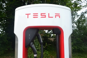 Close-up view of a Tesla electric vehicle charging station placed amidst a backdrop of green foliage. The station has a prominent red and white design, with the Tesla logo displayed at the top.