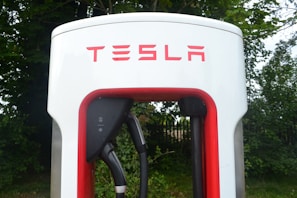 Close-up view of a Tesla electric vehicle charging station placed amidst a backdrop of green foliage. The station has a prominent red and white design, with the Tesla logo displayed at the top.