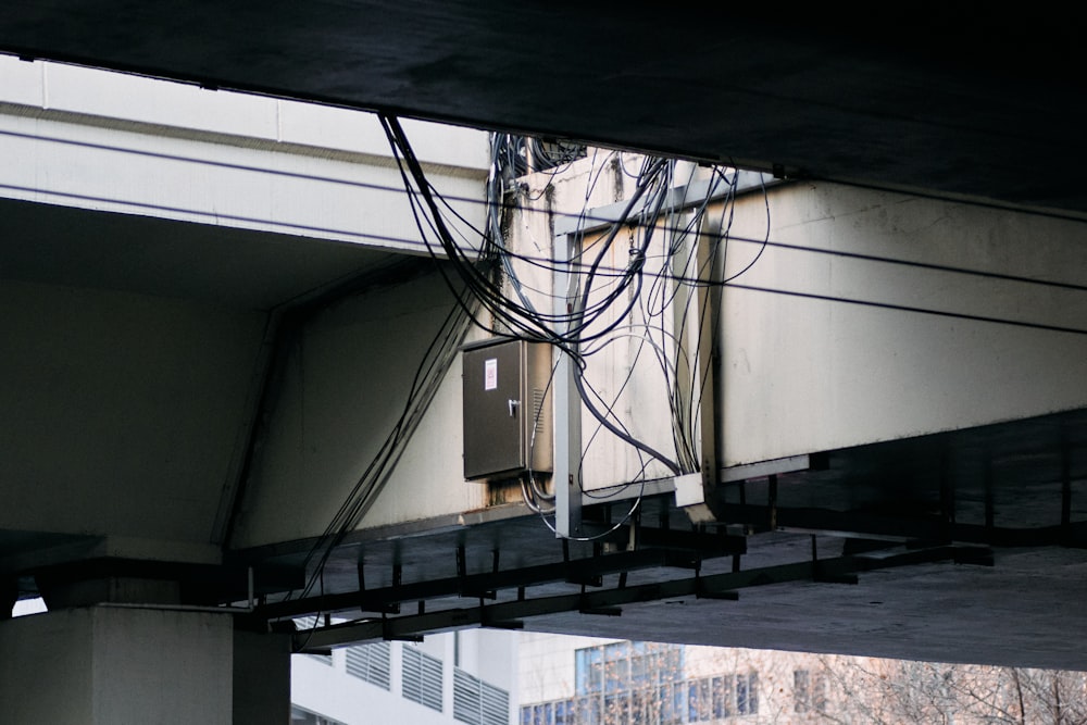 a view of a building with wires and wires hanging from it