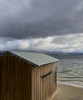 A wooden shack with a metal roof stands on a sandy shore next to a body of water. The sky above is filled with dark, heavy clouds, and in the distance, hilly terrain can be seen.