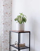Practical metal end table styled with a small plant and coffee cup on top.