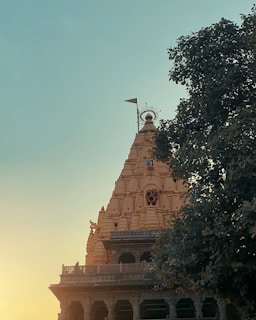 A majestic temple spire with intricate carvings rises into the clear sky, with a sacred symbol adorning its facade. A single flag atop the spire adds a sense of reverence. The warm sunlight bathes the temple in a gentle glow, contrasting with the deep green of the surrounding tree foliage.
