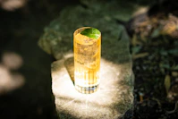 a glass filled with a drink sitting on top of a rock