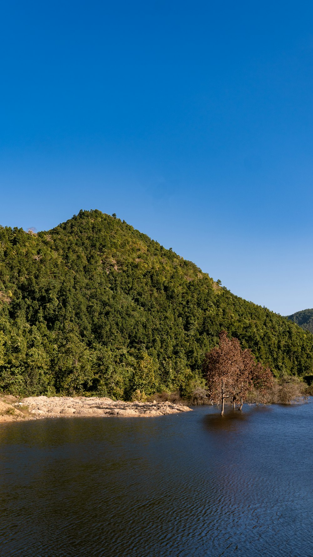 Un grande specchio d'acqua circondato da una lussureggiante collina verde