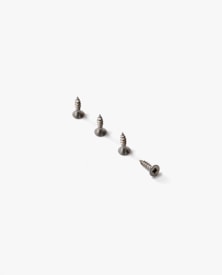 Four metal screws arranged in a line on a plain white background. Each screw is positioned with its head facing upwards, and one is laying on its side showing the cross-shaped groove.