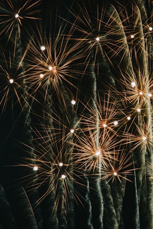 A display of fireworks with bright, sparkling trails against a dark background. The bursts spread out in various directions, creating intricate patterns of light.