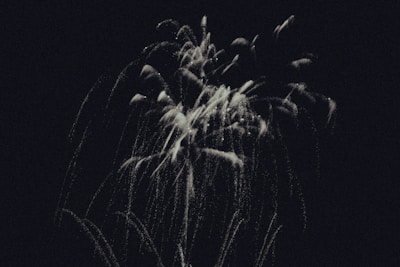 Bright, white fireworks explode against a dark background, creating a contrast of light and shadow. The fireworks appear like streaks and dotted lines, forming a cascading effect.