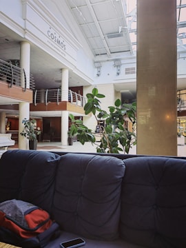 A modern hotel lobby area featuring a high ceiling with large windows allowing natural light to flood the space. There's a blue tufted couch in the foreground, and a backpack is placed on it. A potted plant adds greenery to the scene, and there are various architectural accents like wooden railings and a large pillar. The name 'Cosmos Petrozavodsk Hotel' is visible on the wall.