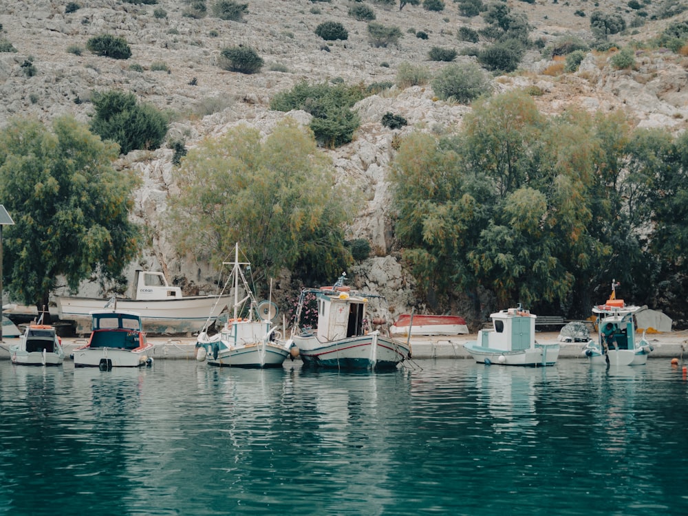 a group of boats sitting on top of a body of water