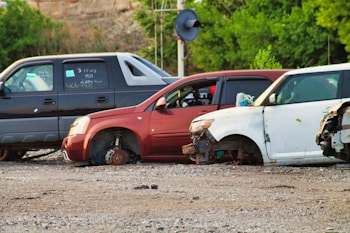 Several cars without wheels and partially stripped of parts are parked on a gravel surface, surrounded by greenery and other discarded items.