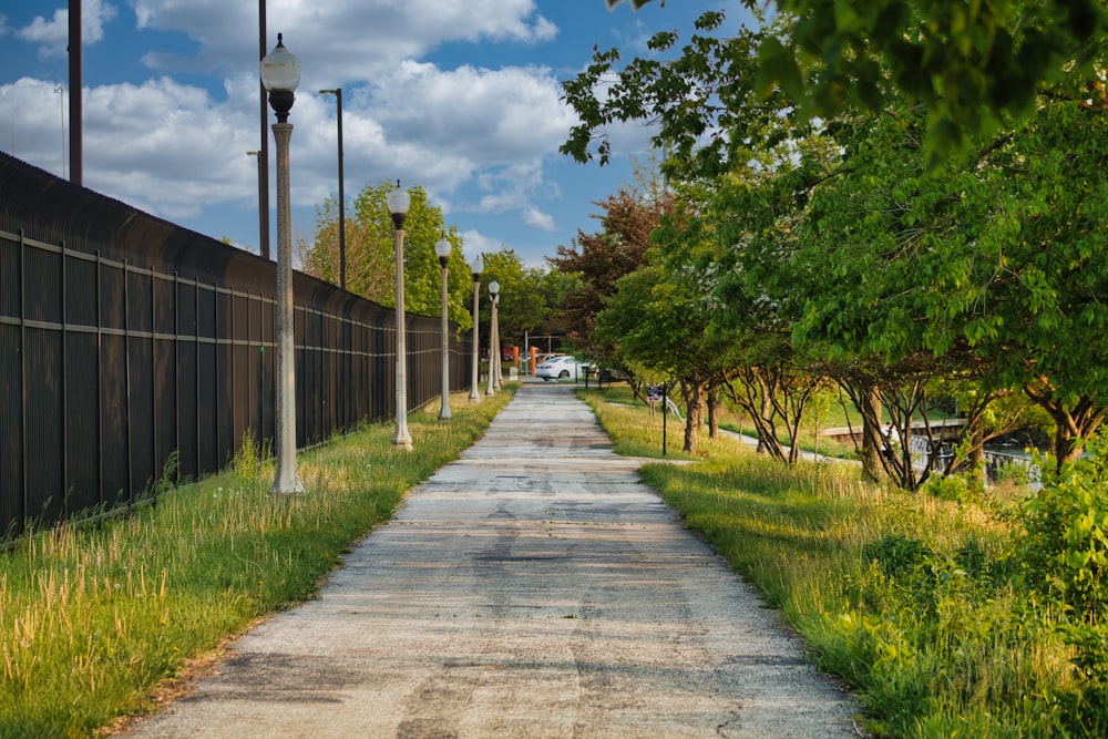 a street lined with trees and grass next to a fence