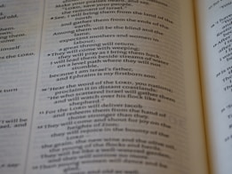 An open book with text printed in two columns. The text appears to be in a poetic format with indented lines and is focused on a religious or spiritual theme. The pages show chapter and verse numbers, indicating scriptural content.