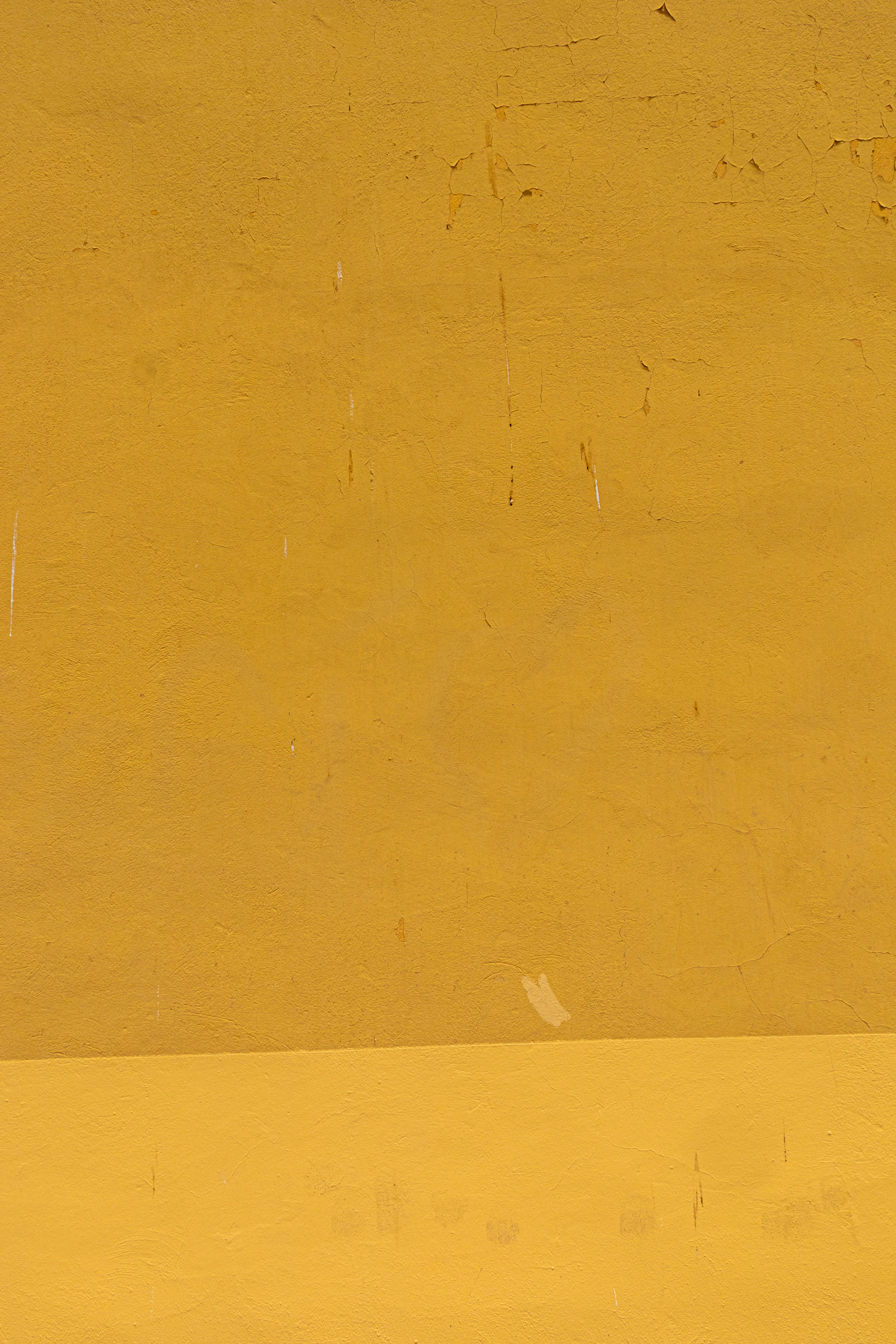 a man riding a skateboard down a street next to a yellow wall