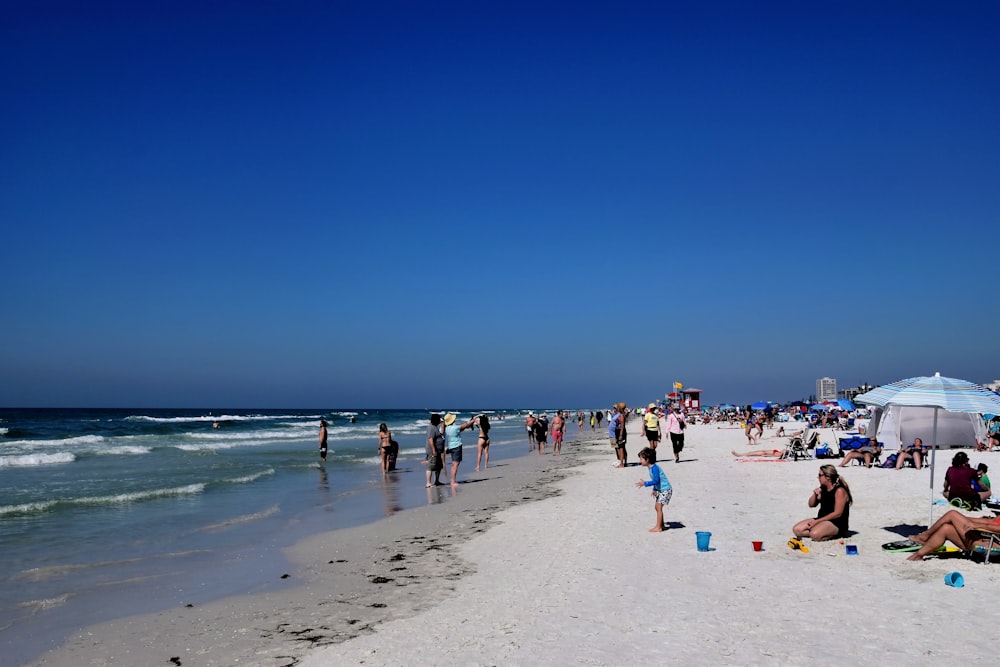 a group of people standing on top of a sandy beach