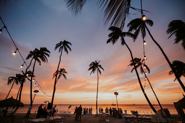 A vibrant beach party at sunset with palm trees and colorful lights.