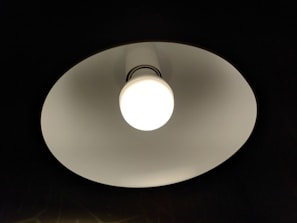 Close-up of a ceiling light fixture with a round white bulb emitting bright light. The fixture has a white inner surface creating a contrast against the dark background.