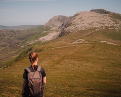 a person with a backpack on a grassy hill