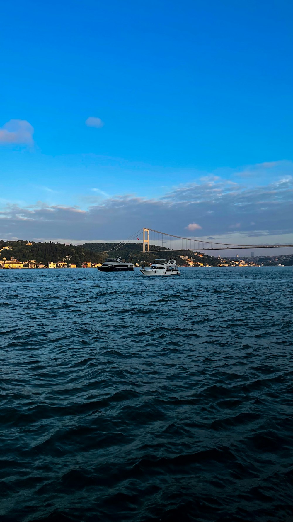 a large body of water with a bridge in the background