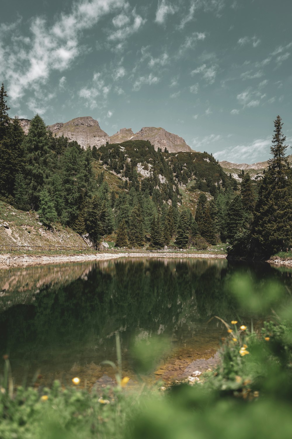 a lake surrounded by trees and mountains under a cloudy sky