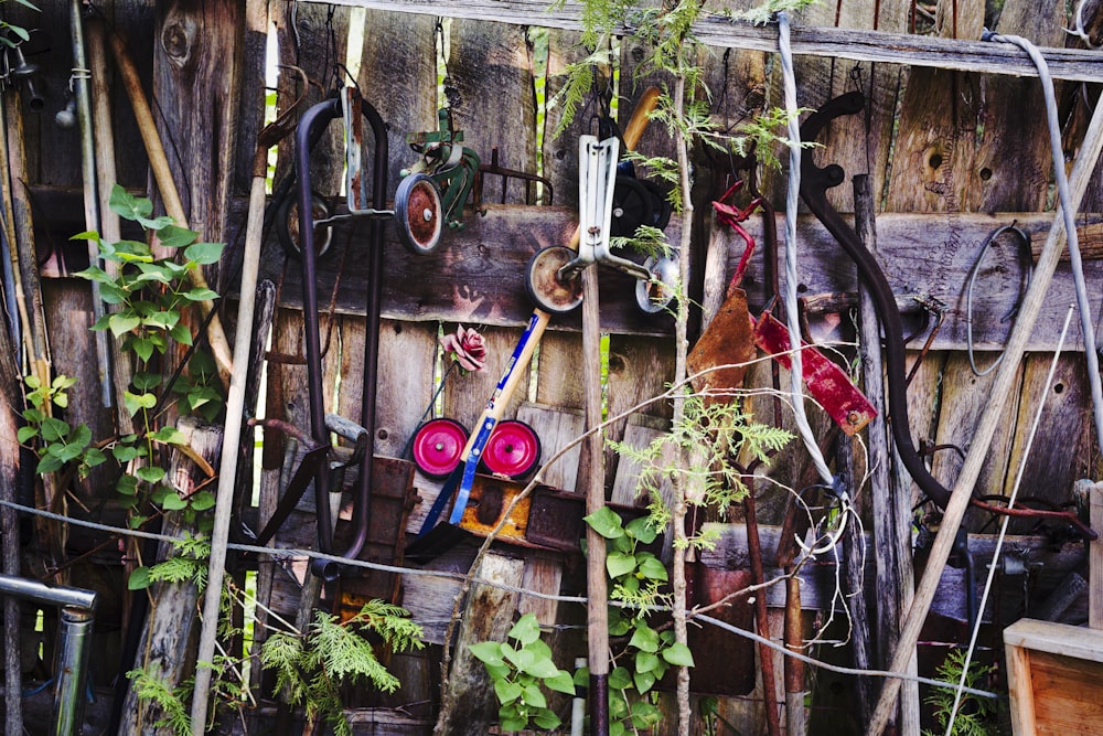 a bunch of scissors are hanging on a fence