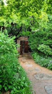 A lush garden pathway lined with vibrant green foliage leads to an open wooden gate set in a brick archway. The pathway is paved with irregularly shaped stones and is surrounded by various plants, including trees, shrubs, and small purple flowers.