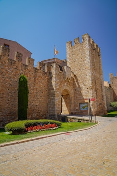 A stone fortress wall with a large arched gate and battlements is prominent. The wall is built from large, uneven stones and includes a lone, tall cypress tree and a well-kept flower bed with red flowers to the left. A stone-paved street curves alongside the fortress wall, and a flag can be seen flying on top of one of the towers. Bright greenery and a clear blue sky add to the picturesque scene.