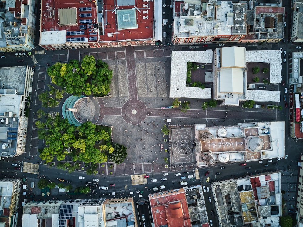 an aerial view of a city street and buildings