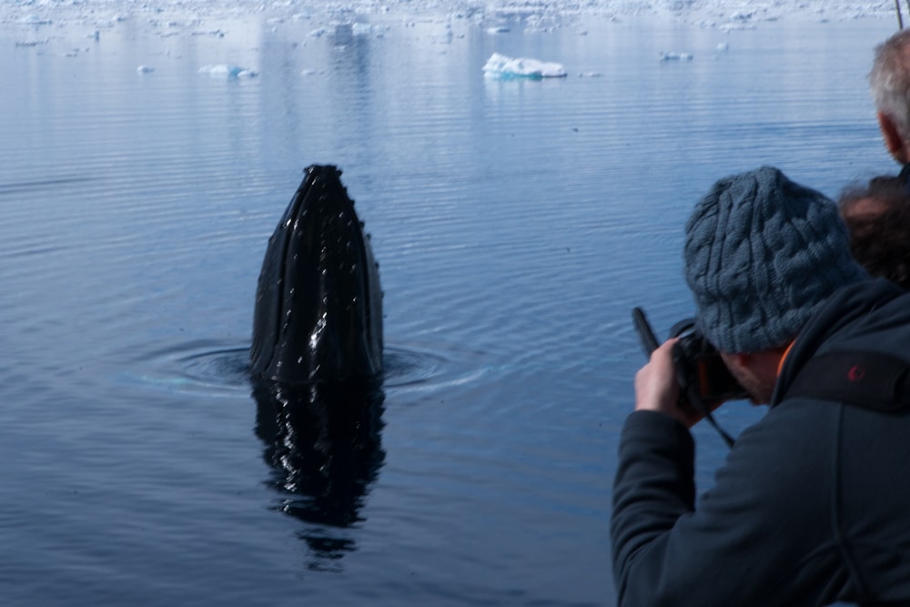 um homem tirando uma foto de uma baleia na água