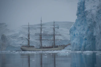 A majestic expedition ship gliding through icy polar waters under a clear sky.