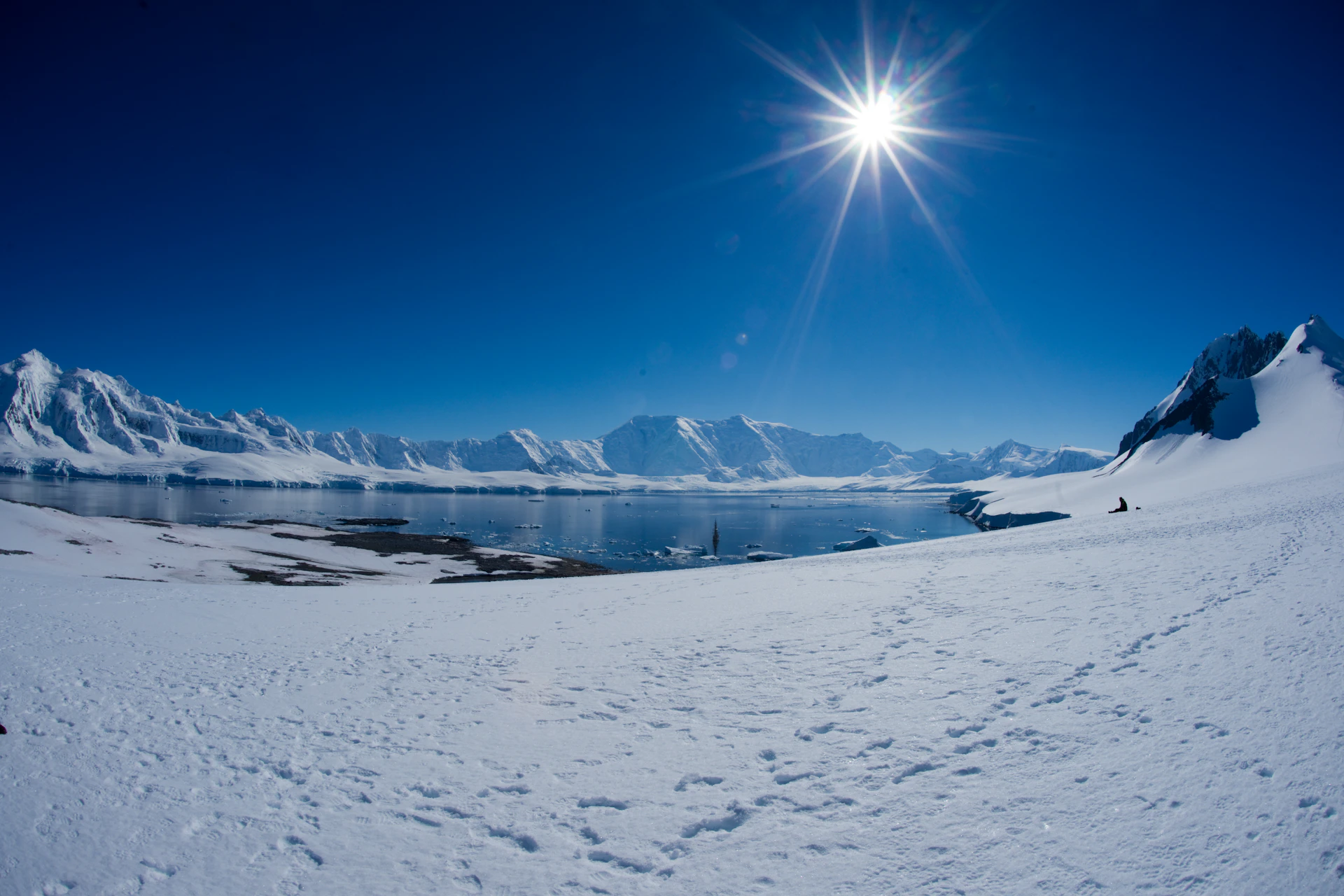 the sun shines brightly over a snowy landscape
