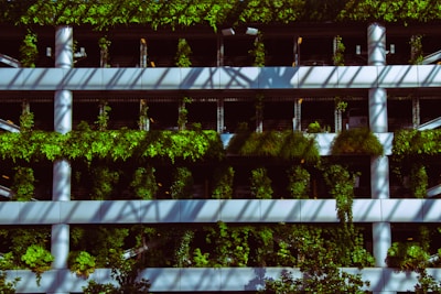 A multi-level parking structure is adorned with lush green plants covering its facade. The white beams and pillars create a sharp contrast with the vegetation. Shadows form intricate patterns across the surface, suggesting sunlight filtering through a dense canopy. The overall ambiance blends architecture with nature.