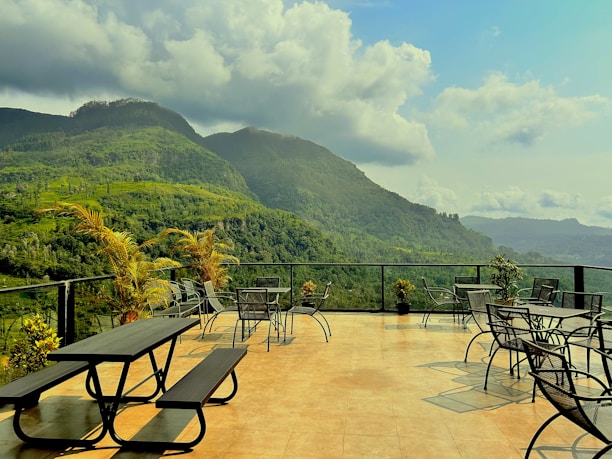 A peaceful terrace with comfortable seating surrounded by vibrant plants.