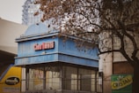 A vintage cinema with a faded blue canopy, displaying the name 'Cine Hoyts' in worn red letters. The building shows signs of neglect, with graffiti visible on the walls. A leafless tree with dry twigs is on the right side, and additional signage, including a green 'Cristal' ad, is present nearby. The overall scene has an urban, somewhat abandoned feel.