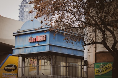 A vintage cinema with a faded blue canopy, displaying the name 'Cine Hoyts' in worn red letters. The building shows signs of neglect, with graffiti visible on the walls. A leafless tree with dry twigs is on the right side, and additional signage, including a green 'Cristal' ad, is present nearby. The overall scene has an urban, somewhat abandoned feel.