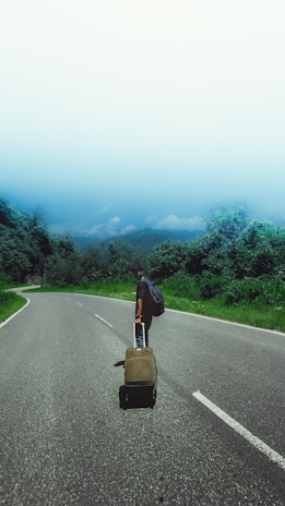 A person is walking along a deserted road, carrying a suitcase and wearing a backpack. The road is surrounded by lush green trees and the sky is a clear blue. The scene evokes a sense of solitude and adventure as the person heads towards an unknown destination.