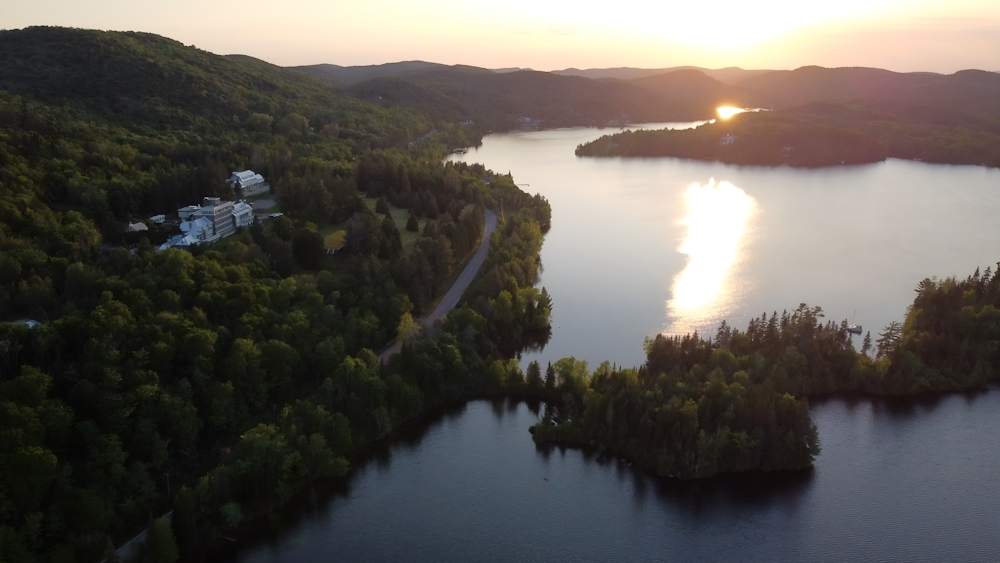 an aerial view of a lake surrounded by trees