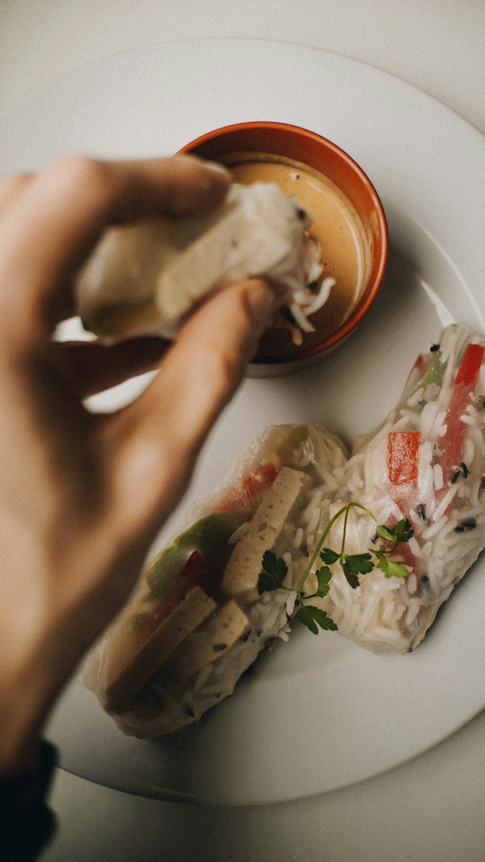 a person holding a piece of food on a plate