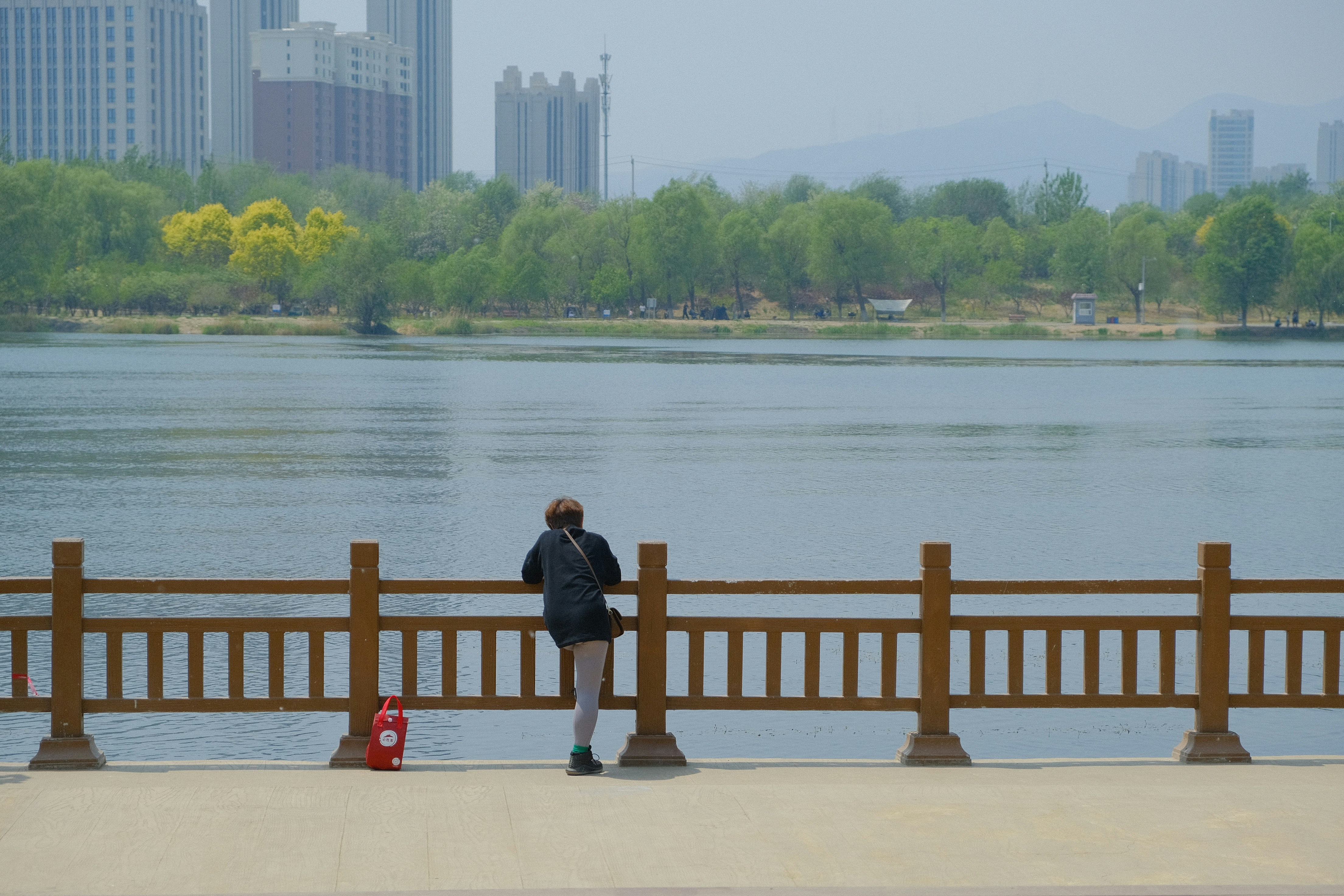 a person standing on a pier next to a body of water