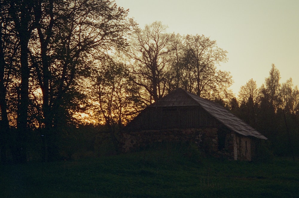 eine Scheune auf einem Feld mit Bäumen im Hintergrund