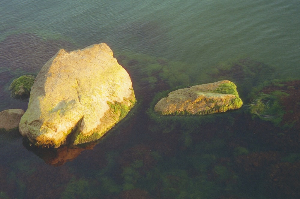 a large rock sitting in the middle of a body of water