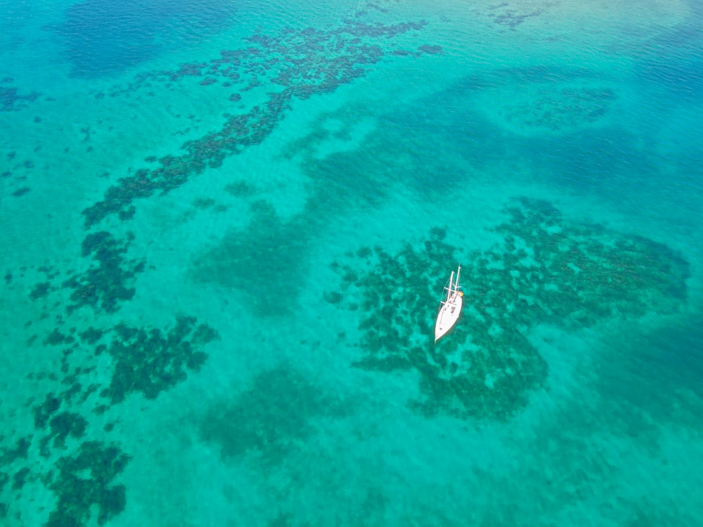 a small boat floating on top of a body of water