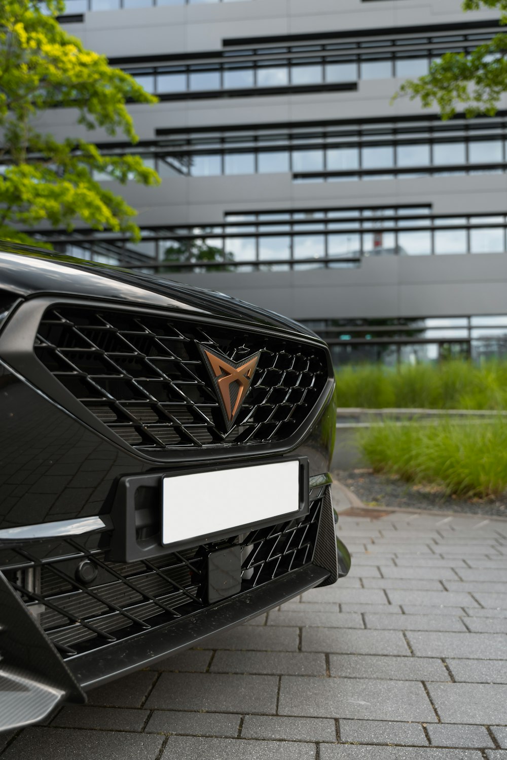 a close up of the front grille of a car